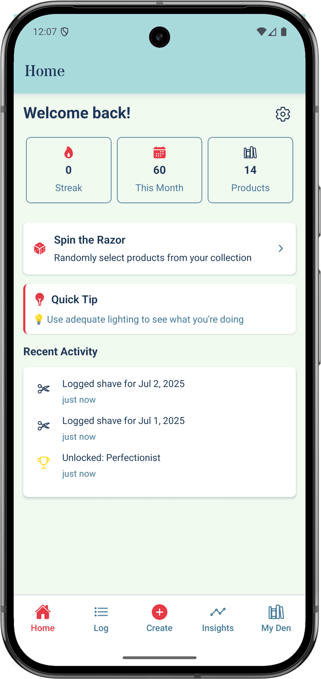 Shaving Sherpa Dashboard showing personalized insights and daily recommendations