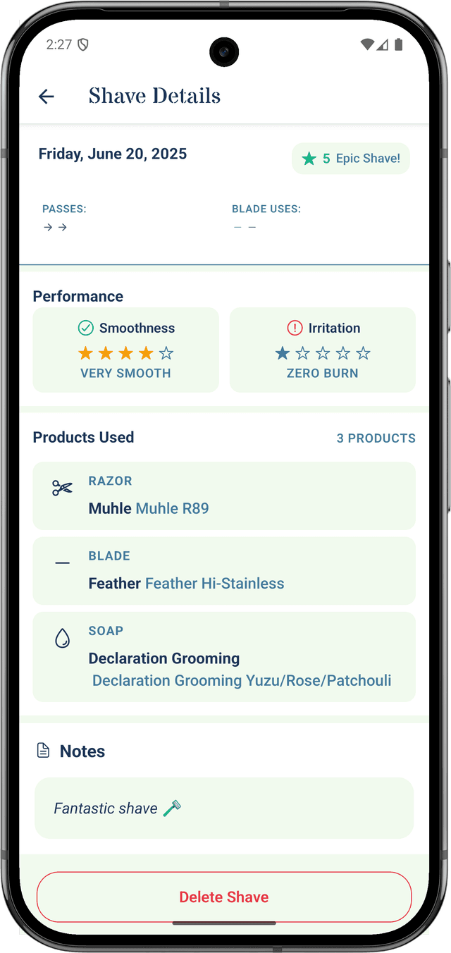 Detailed shave history with comprehensive search and filtering capabilities